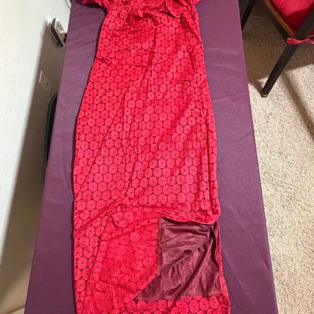 Red Lace Maxi Dress Circular Floral Pattern Stretch L LYQ-042-WDW-4L